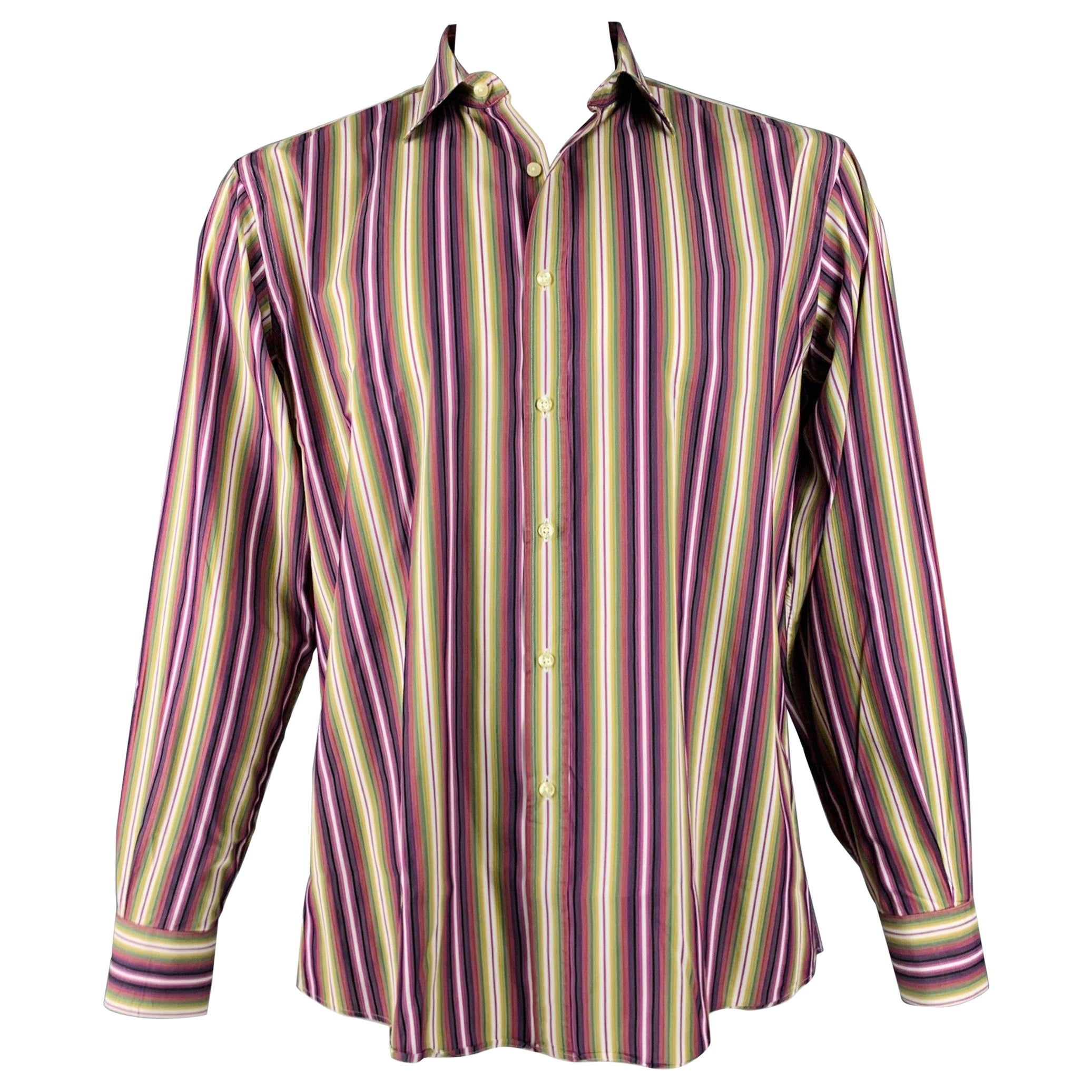 ETRO Size XL Purple Green Stripe Cotton Button Up Long Sleeve Shirt For Sale