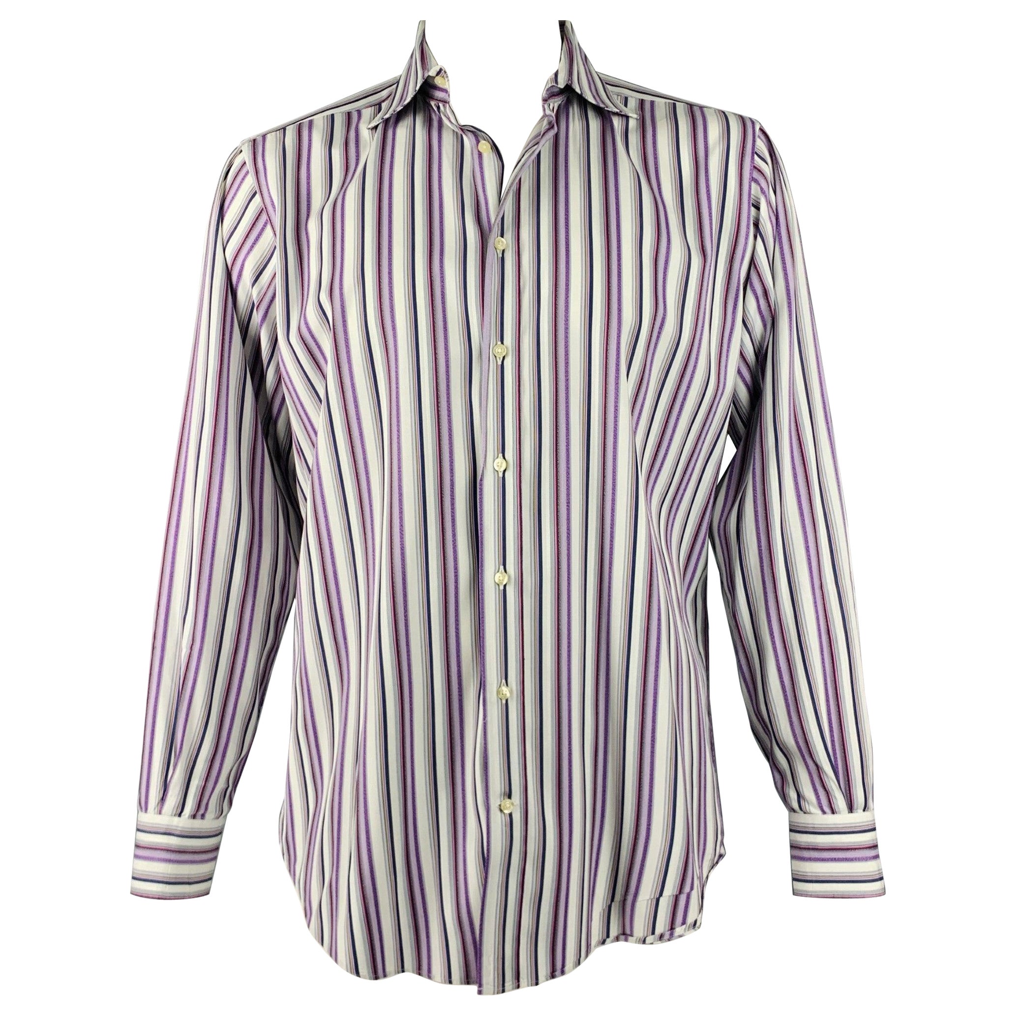 ETRO Size L White Purple Stripe Cotton Button Up Long Sleeve Shirt For Sale