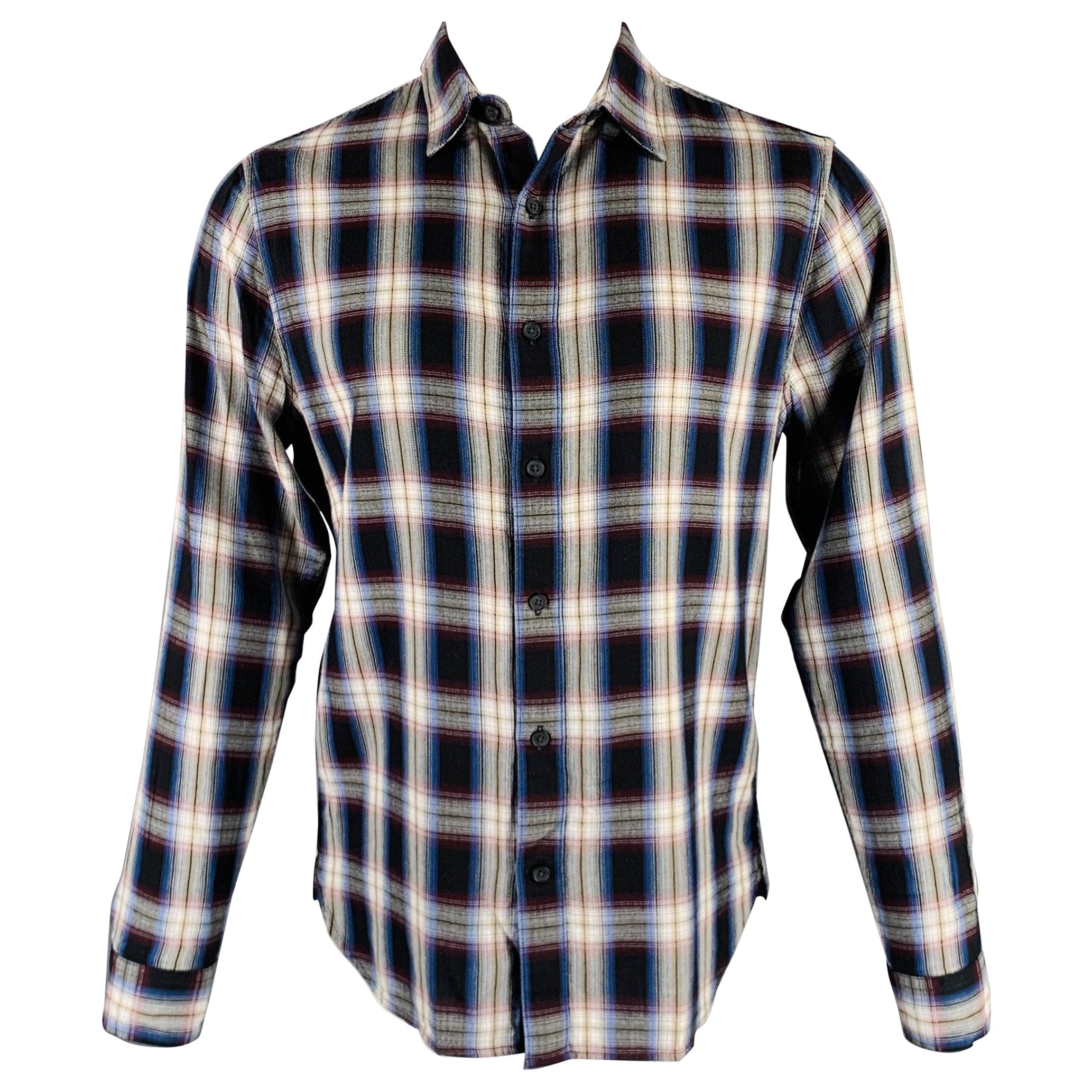 VINCE Size S Black Red Plaid Cotton Blend Spread Collar Long Sleeve Shirt For Sale