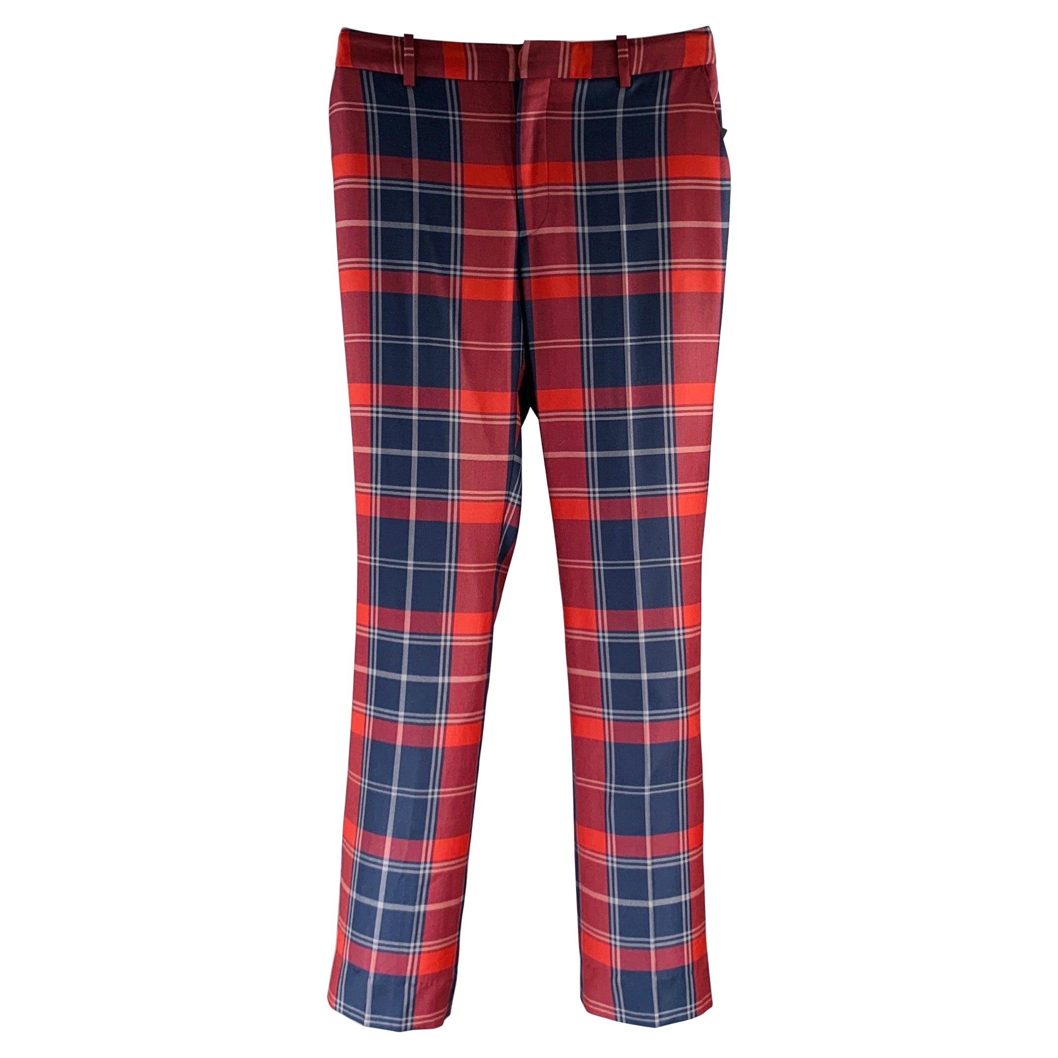 BLACK FLEECE Size 28 Burgundy Navy Plaid Wool Zip Fly Dress Pants For Sale