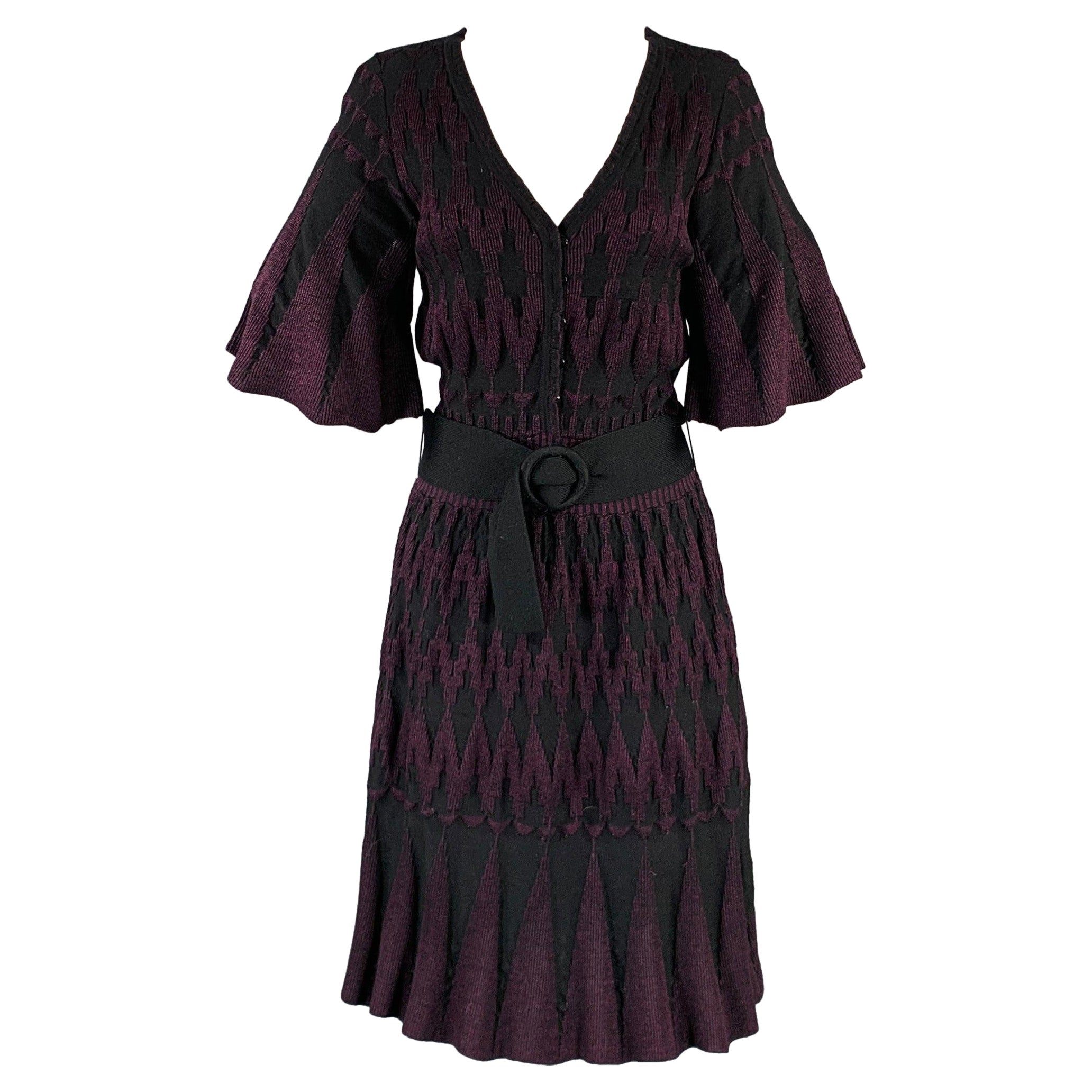 3.1 PHILLIP LIM Vestido largo hasta la rodilla con cinturón geométrico de punto negro morado talla M en venta