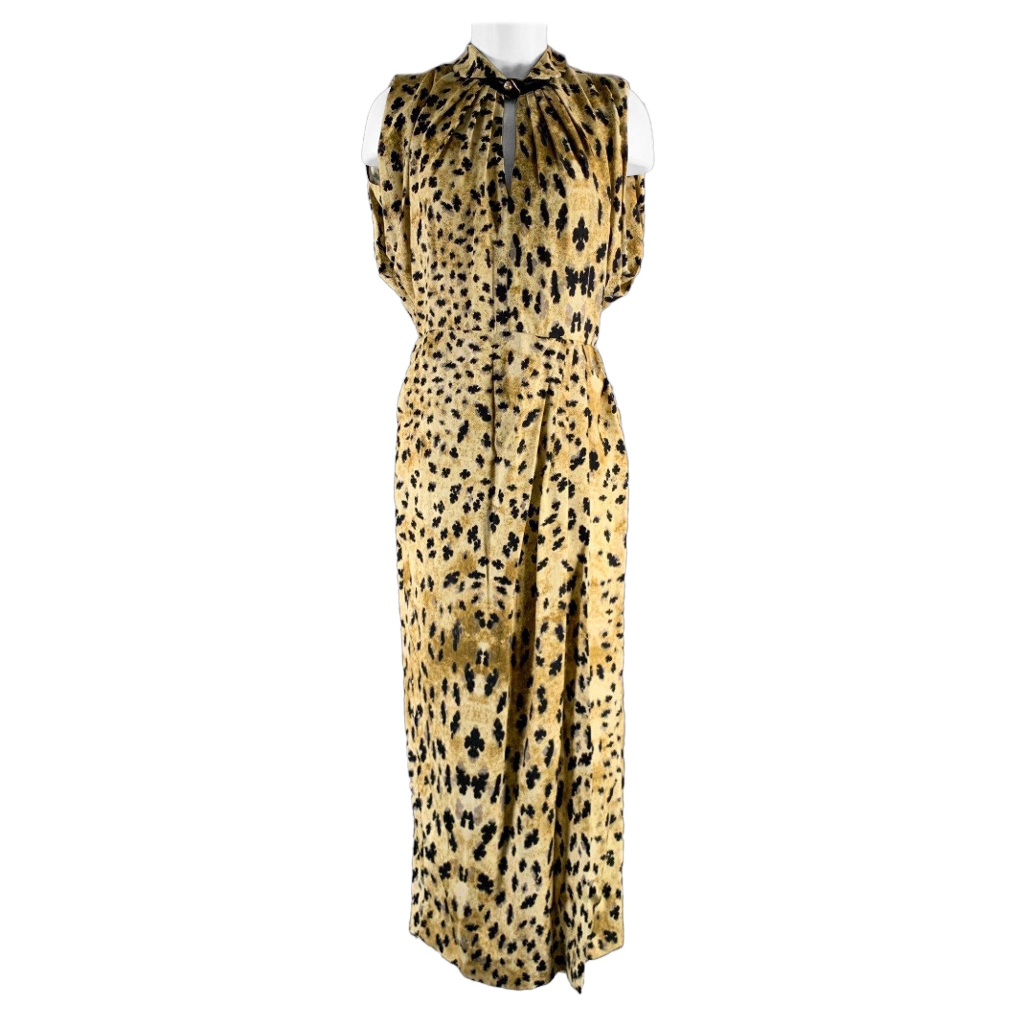 PRADA Size 6 Beige Black Viscose Abstract Drape-shoulder Long Dress For Sale