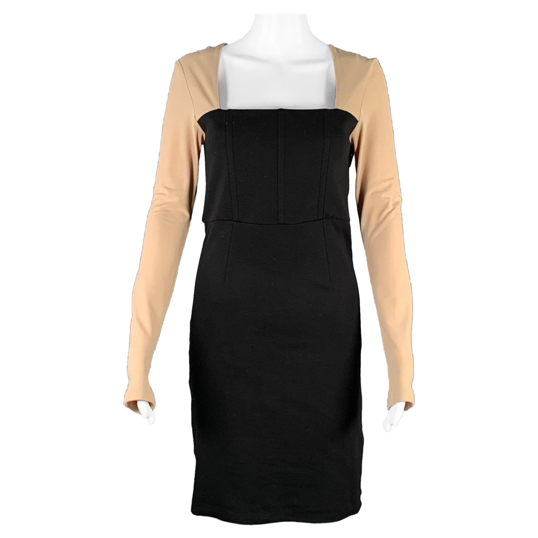 ALICE + OLIVIA Size 6 Black Nude Rayon Blend Color Block Long Sleeve Dress For Sale