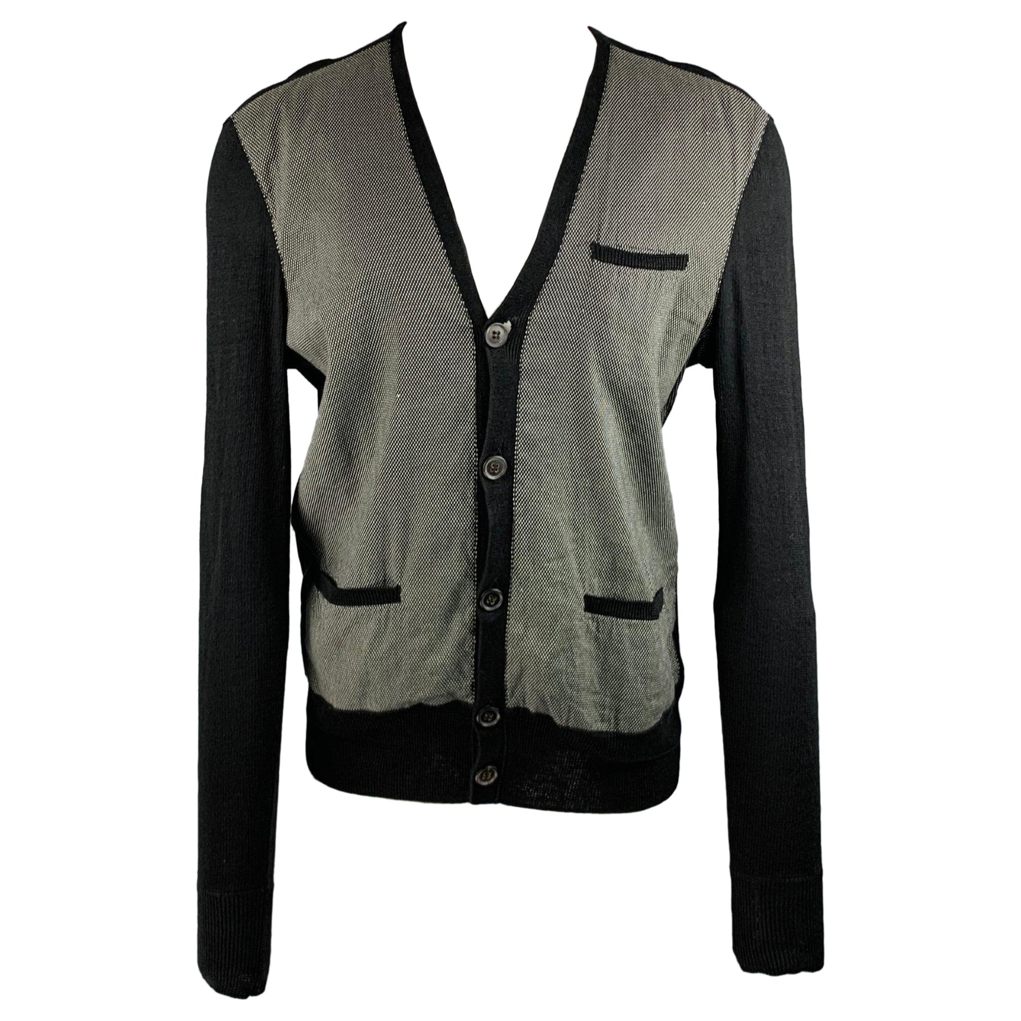 JOHN VARVATOS Size M Black White Nailhead Linen V-Neck Cardigan For Sale