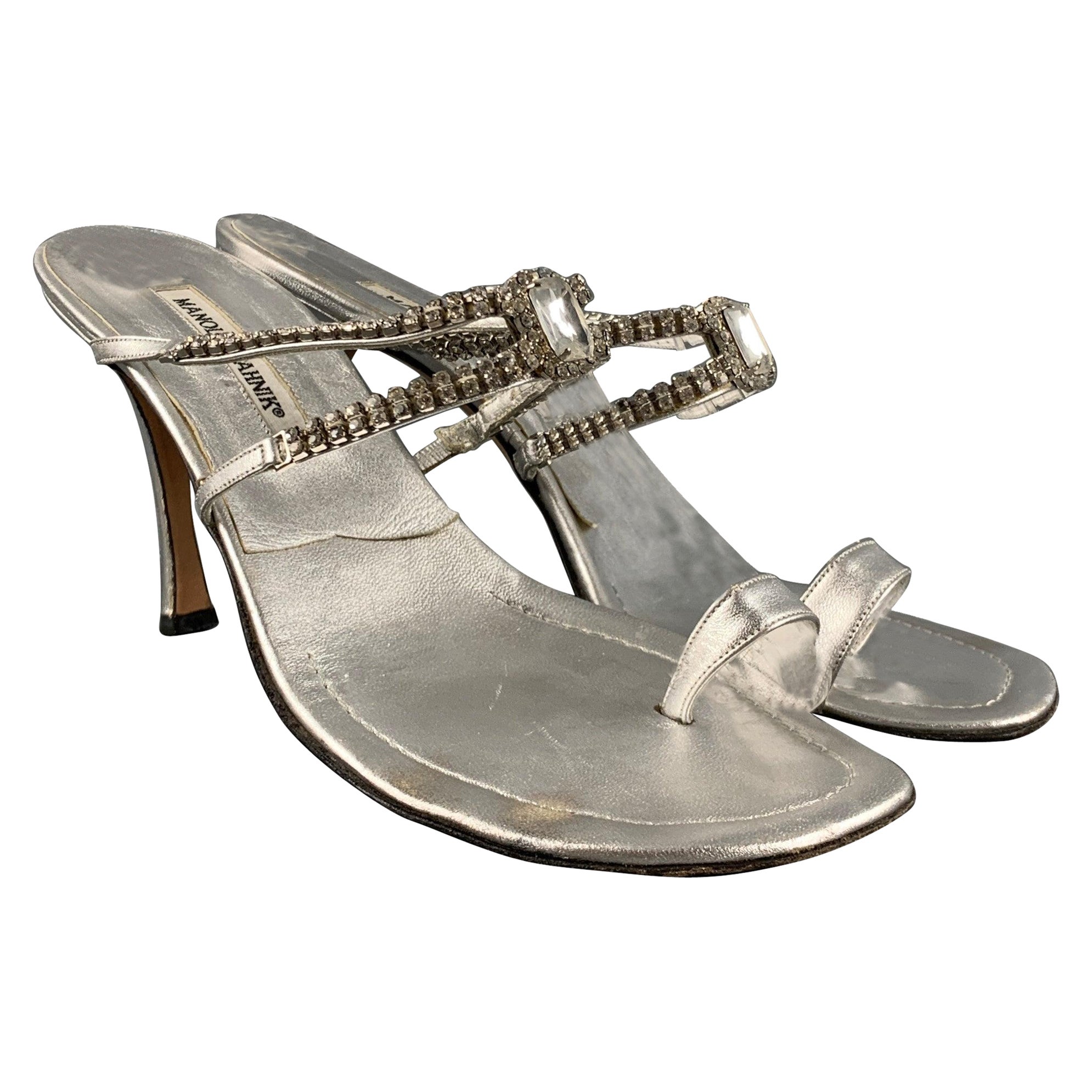 MANOLO BLAHNIK Size 10.5 Silver Leather Strappy Sandals