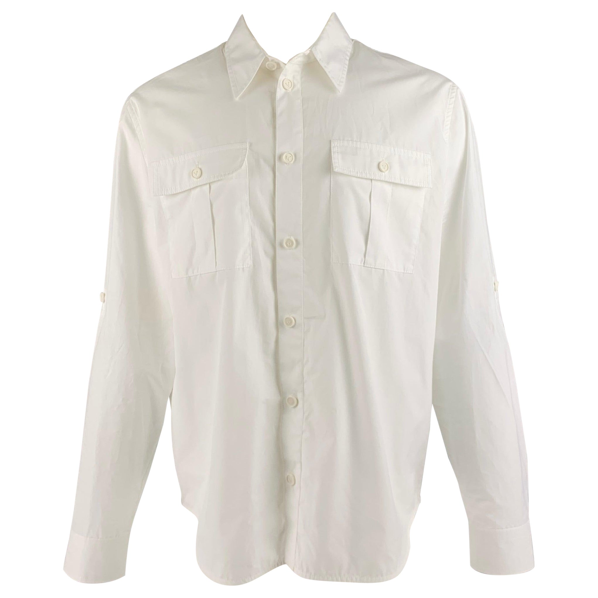 BOTTEGA VENETA Size M White Cotton Button Up Roll Tab Long Sleeve Shirt For Sale