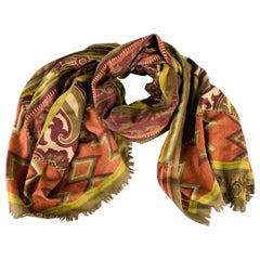 ETRO Green Brick Red Mixed Pattern Wool Blend Scarf