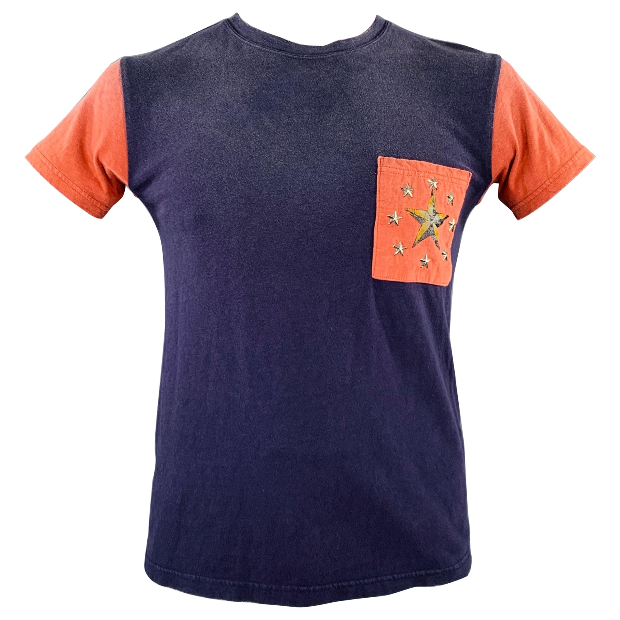 KAPITAL Size L Navy Red Color Block Cotton Crew Neck T-shirt For Sale