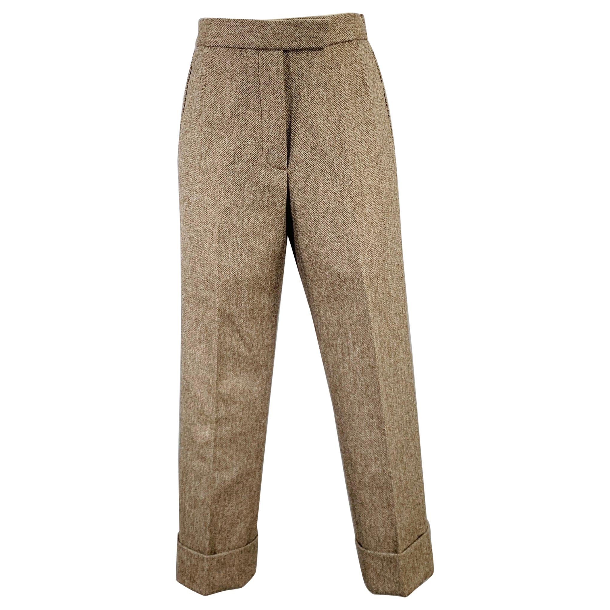 THOM BROWNE Size 2 Brown Olive Wool Herringbone Flat Front Dress Pants For Sale