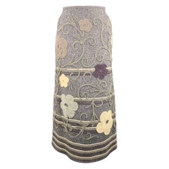 GEOFFREY BEENE 1970s Size XS Grey Embroidered Flowers A-Line Skirt