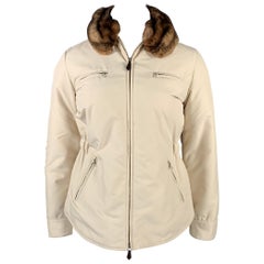 AGNONA Size 10 Cream Polyester Removable Fur Collar Zip Up Jacket