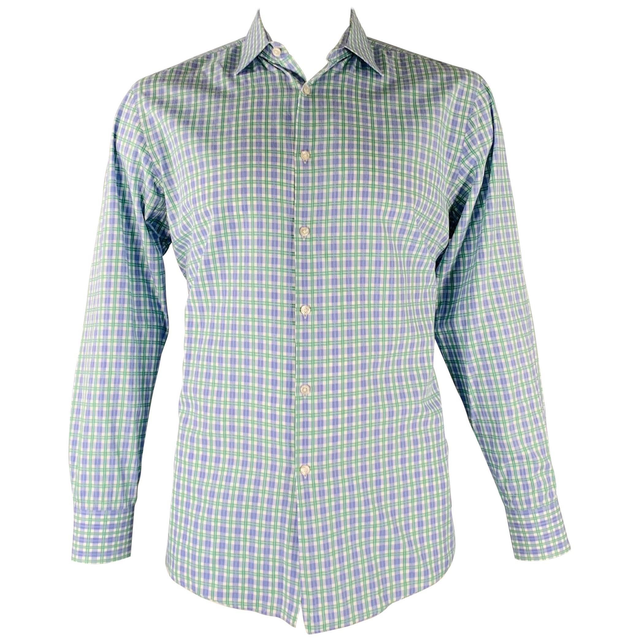 HUGO BOSS Size L Blue White Green Checkered Long Sleeve Shirt For Sale
