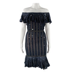 ZAC POSEN Größe XS -Starry Night Tango- Marineblaues Goldfarbenes Payettes aus Seidenmischung mit Rüschen