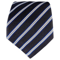 VALENTINO Corbata de Sarga de Seda a Rayas Diagonales Azul Marino Blanco