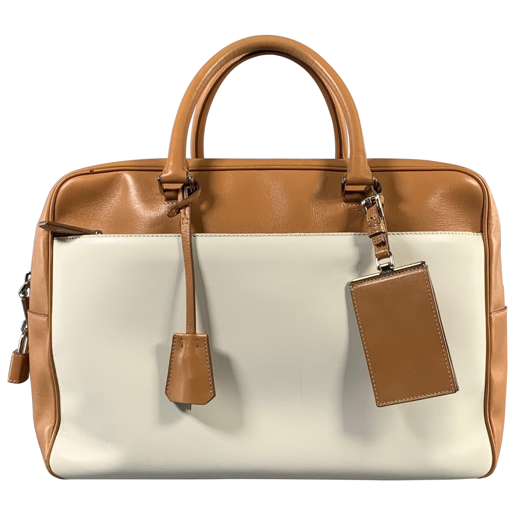 PRADA Tan Cream Color Block Leather Overnight Bags For Sale