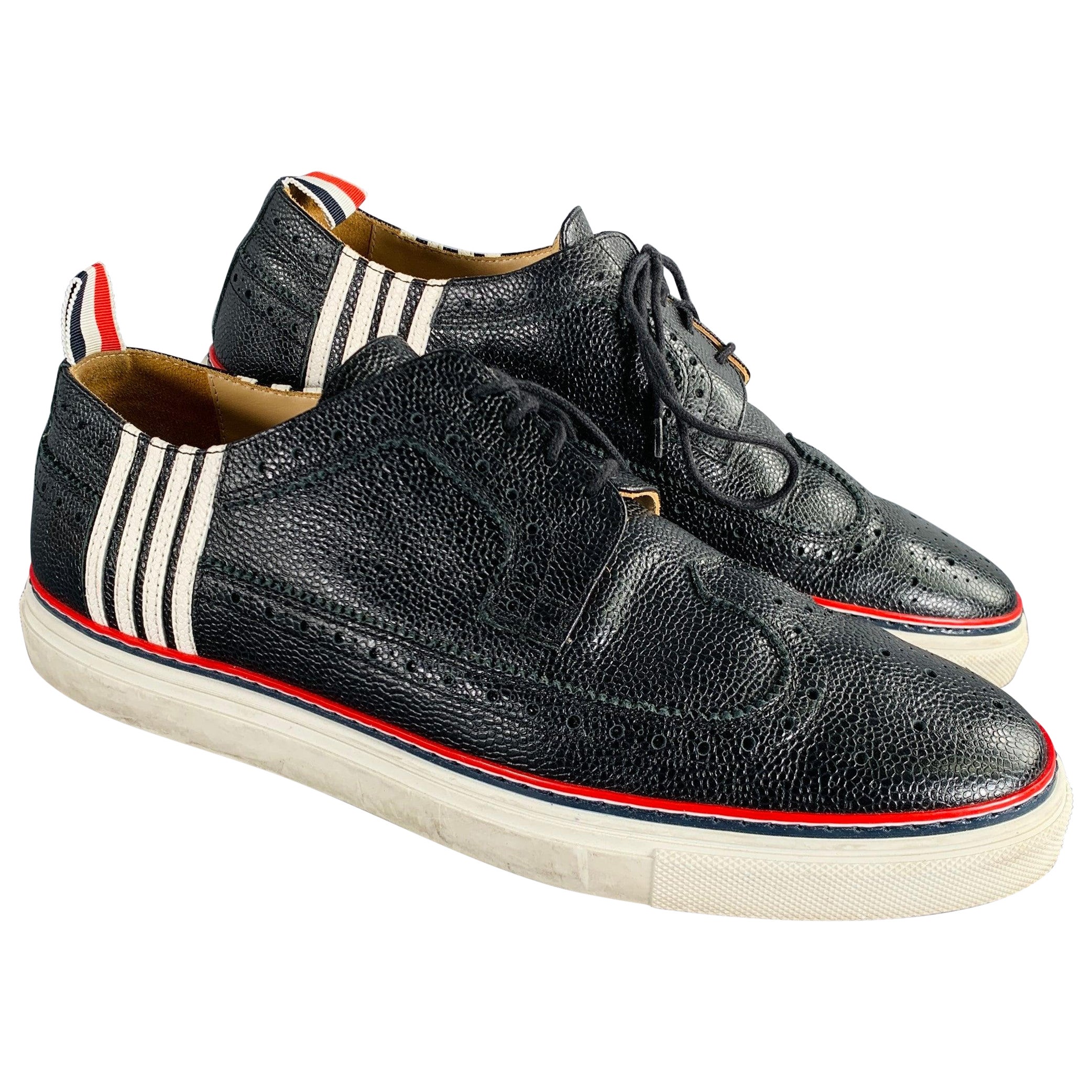 THOM BROWNE Size 11 Navy White Red Perforated Leather Wingtip Sneakers at 1stDibs