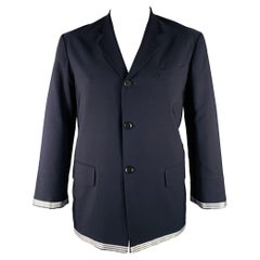 Yohji Yamamoto Taglia L Cappotto sportivo in lana e poliestere, bianco e blu, con finiture a contrasto