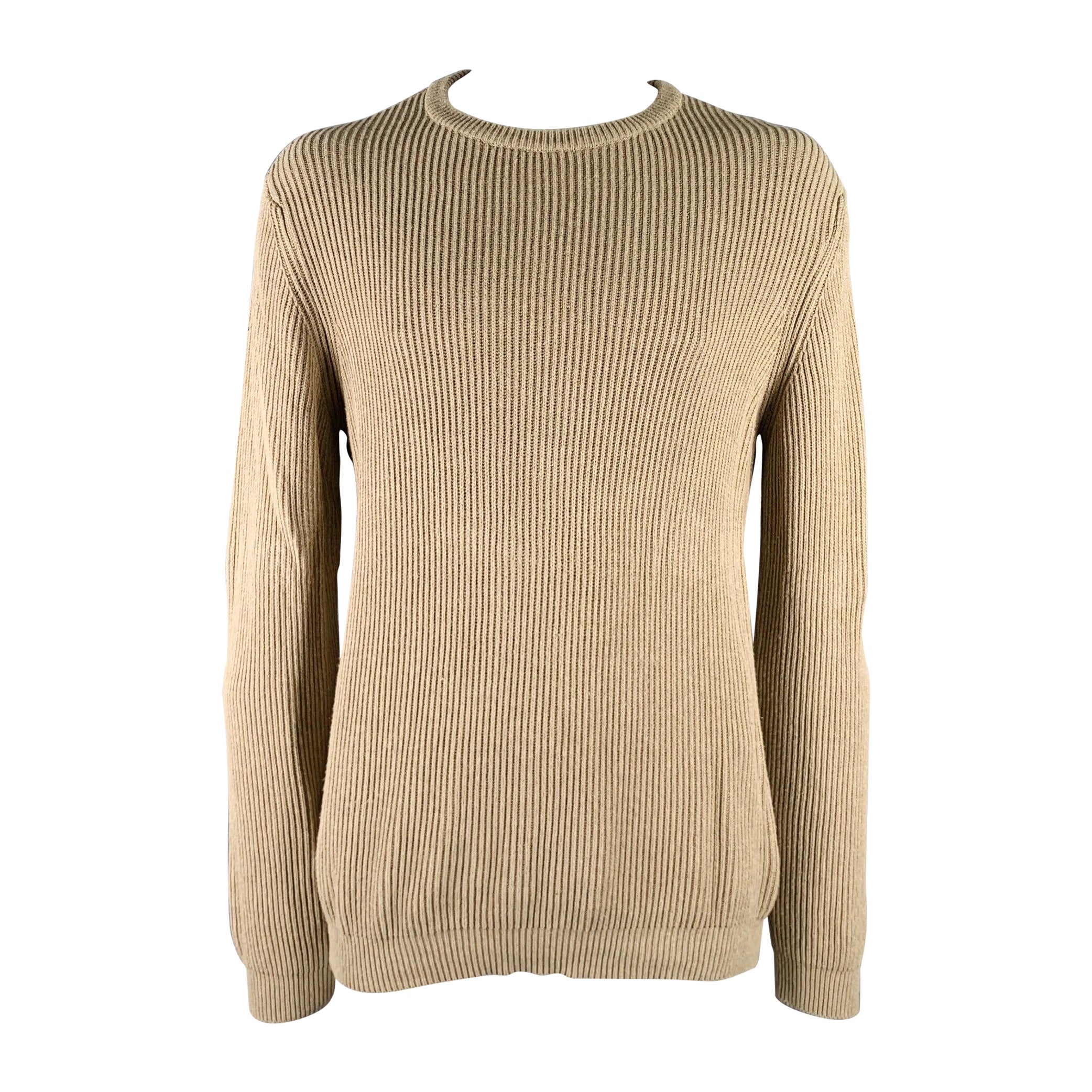 NEIMAN MARCUS Size XL Beige Knit Cotton Crew Neck Sweater For Sale