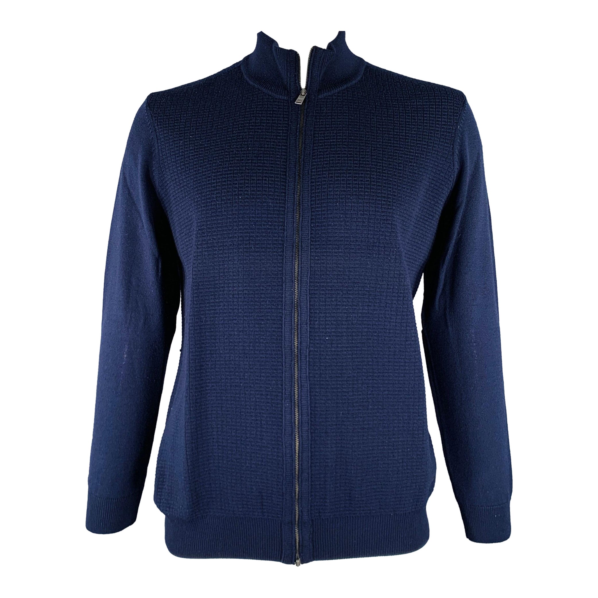 HUGO BOSS Size XL Navy Knit Wool Zip Up Cardigan For Sale
