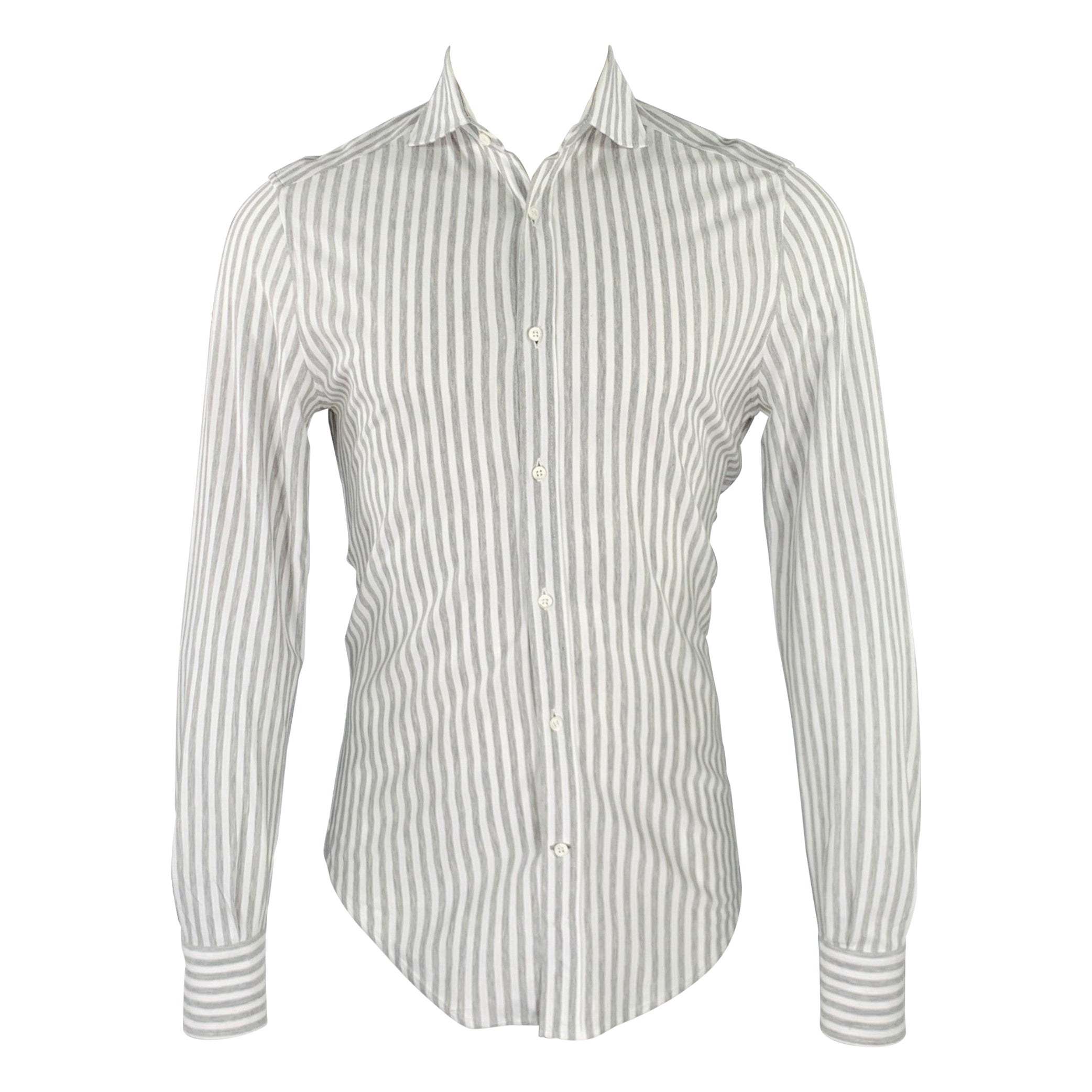 BRUNELLO CUCINELLI Size 36 White Grey Stripe Long Sleeve Shirt For Sale