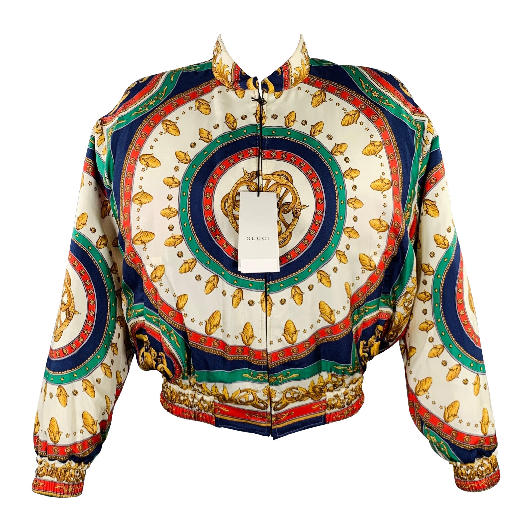 GUCCI Blouson en soie graphique beige multicolore, taille 36