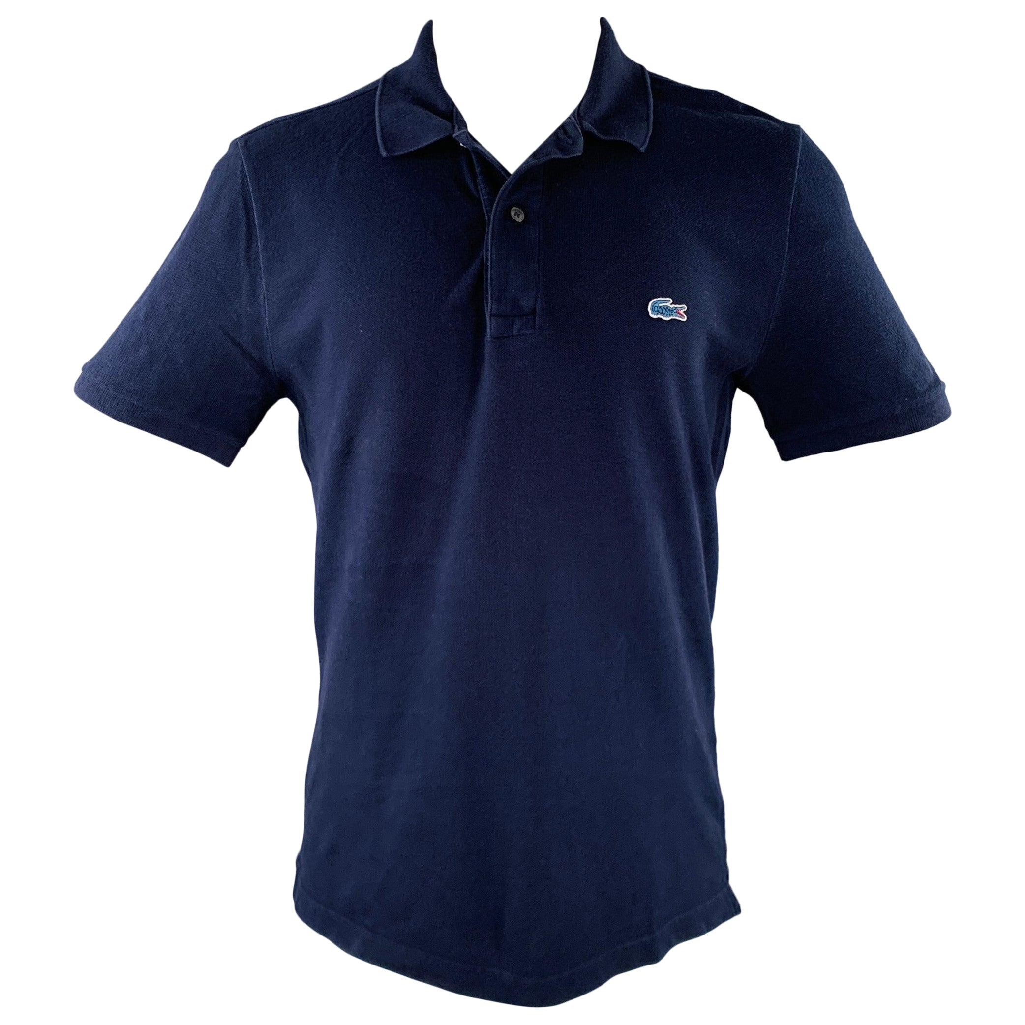 LACOSTE Size M Navy Cotton Half Placket Polo For Sale