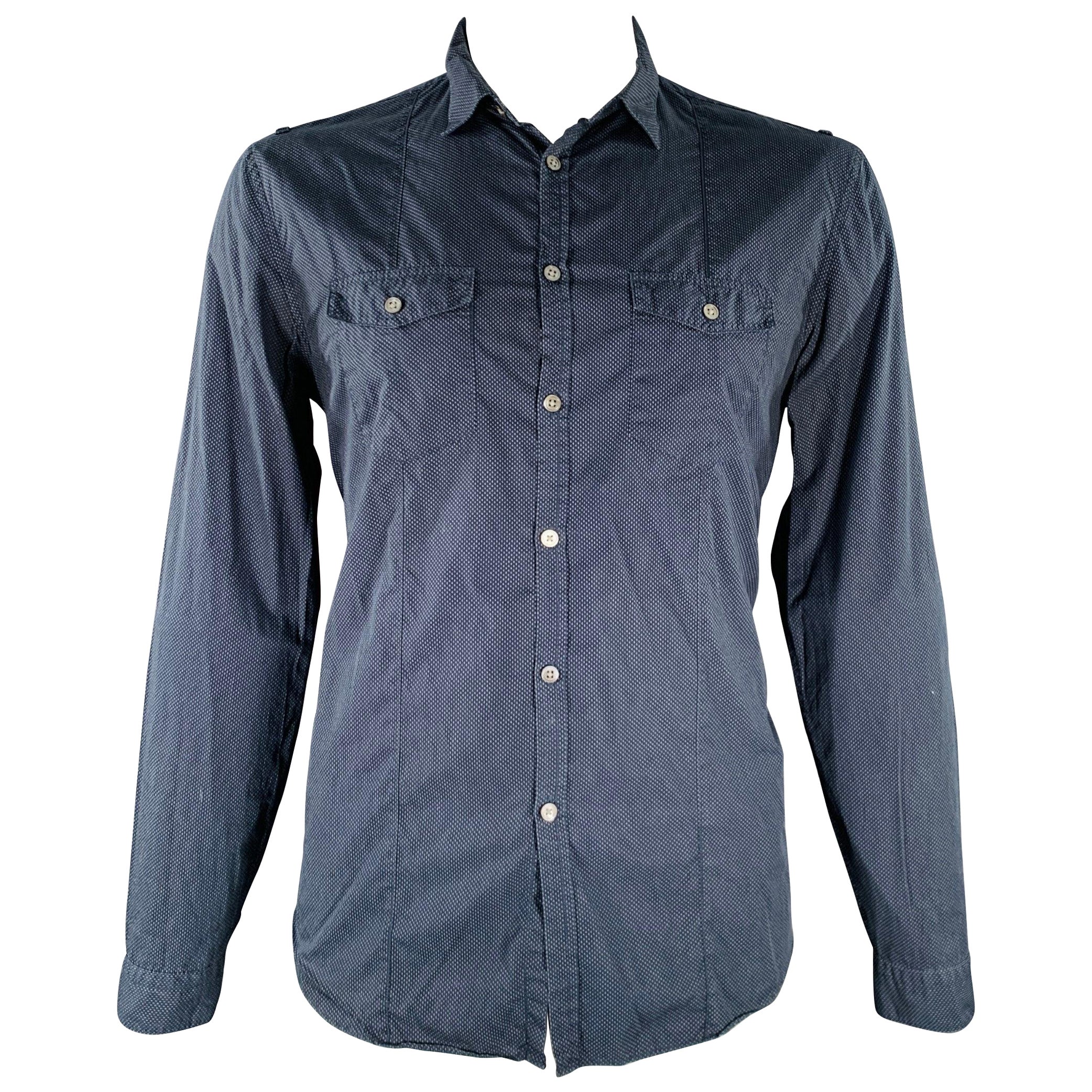 JOHN VARVATOS Size L Navy White Nailhead Cotton Patch Pocket Long Sleeve Shirt For Sale