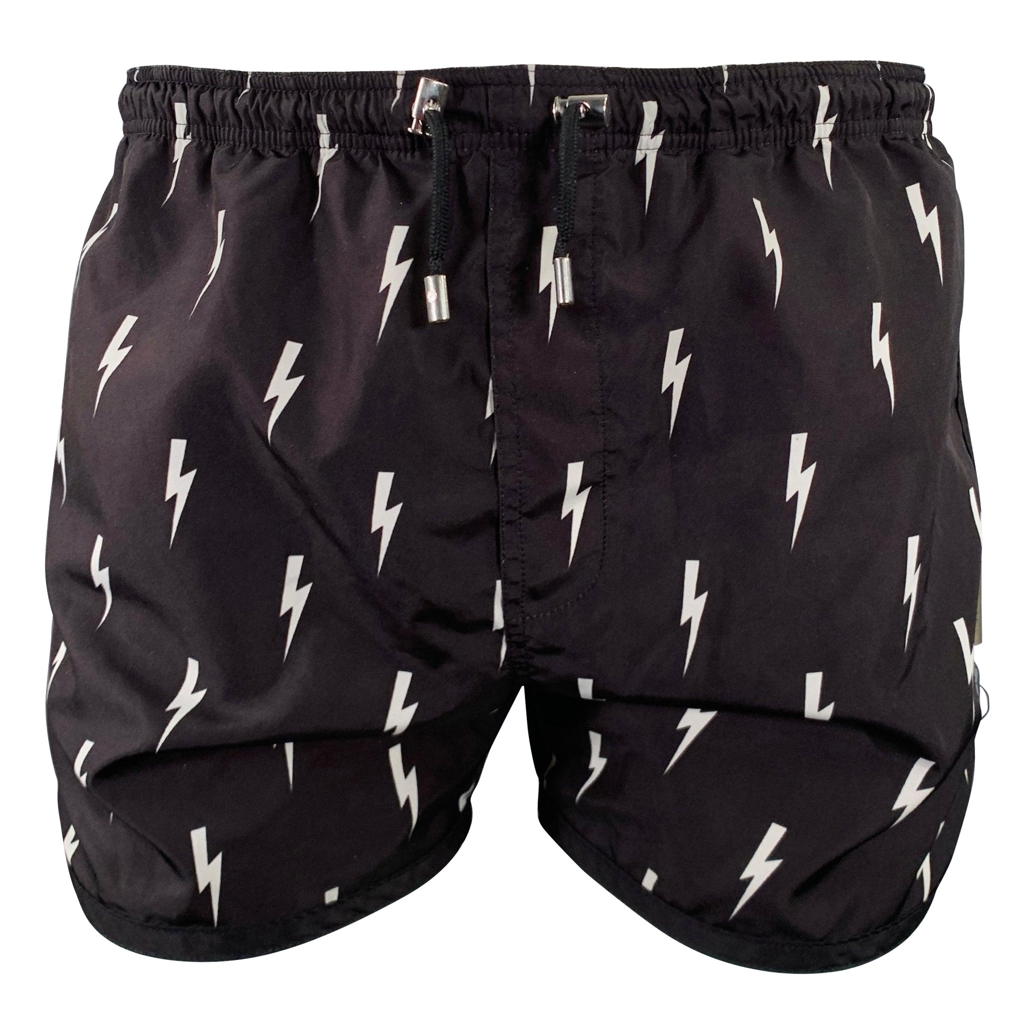 NEIL BARRETT Size M Black White Polyester Drawstring Swim Trunks