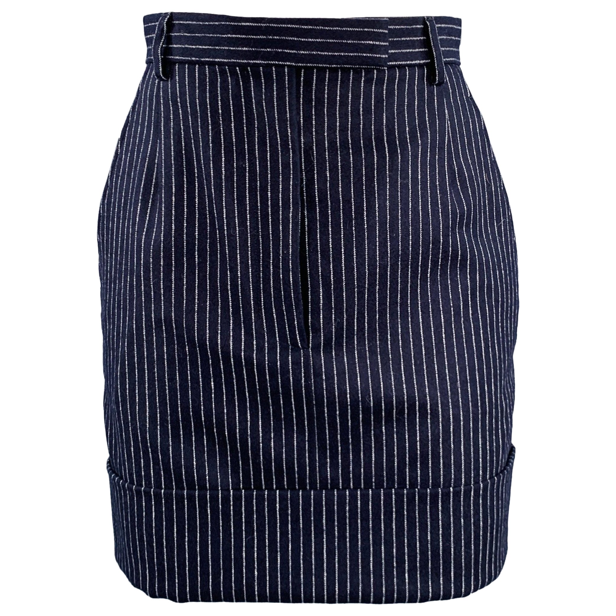 THOM BROWNE Size 0 Navy White Wool Cashmere Pinstripe Cuffed Mini Skirt For Sale