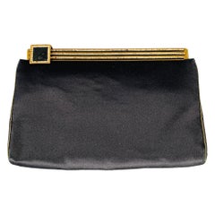 JUDITH LEIBER Black Gold Silk Rhinestones Clutch Handbag