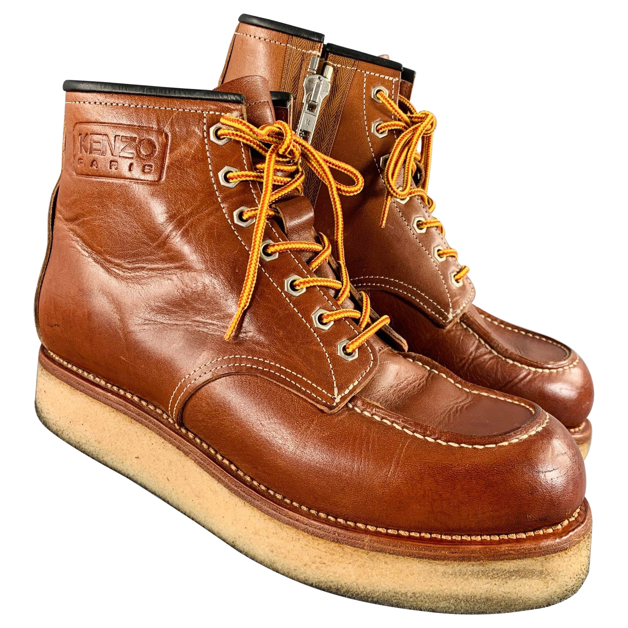 KENZO Size 9.5 Brown Contrast Stitch Leather Lace-Up Zipper Boots For Sale