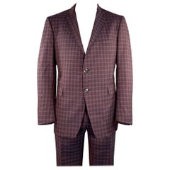 ETRO Size 48 Burgundy Black Gold Plaid Wool Notch Lapel Suit