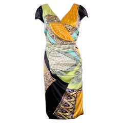 ETRO Size 6 Multi Color Silk Blend Mixed Patterns Cap Sleeves Dress (Robe à manches longues)