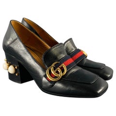 GUCCI Size 7.5 Marmont Black Leather Pearls Chunky Heel Pumps