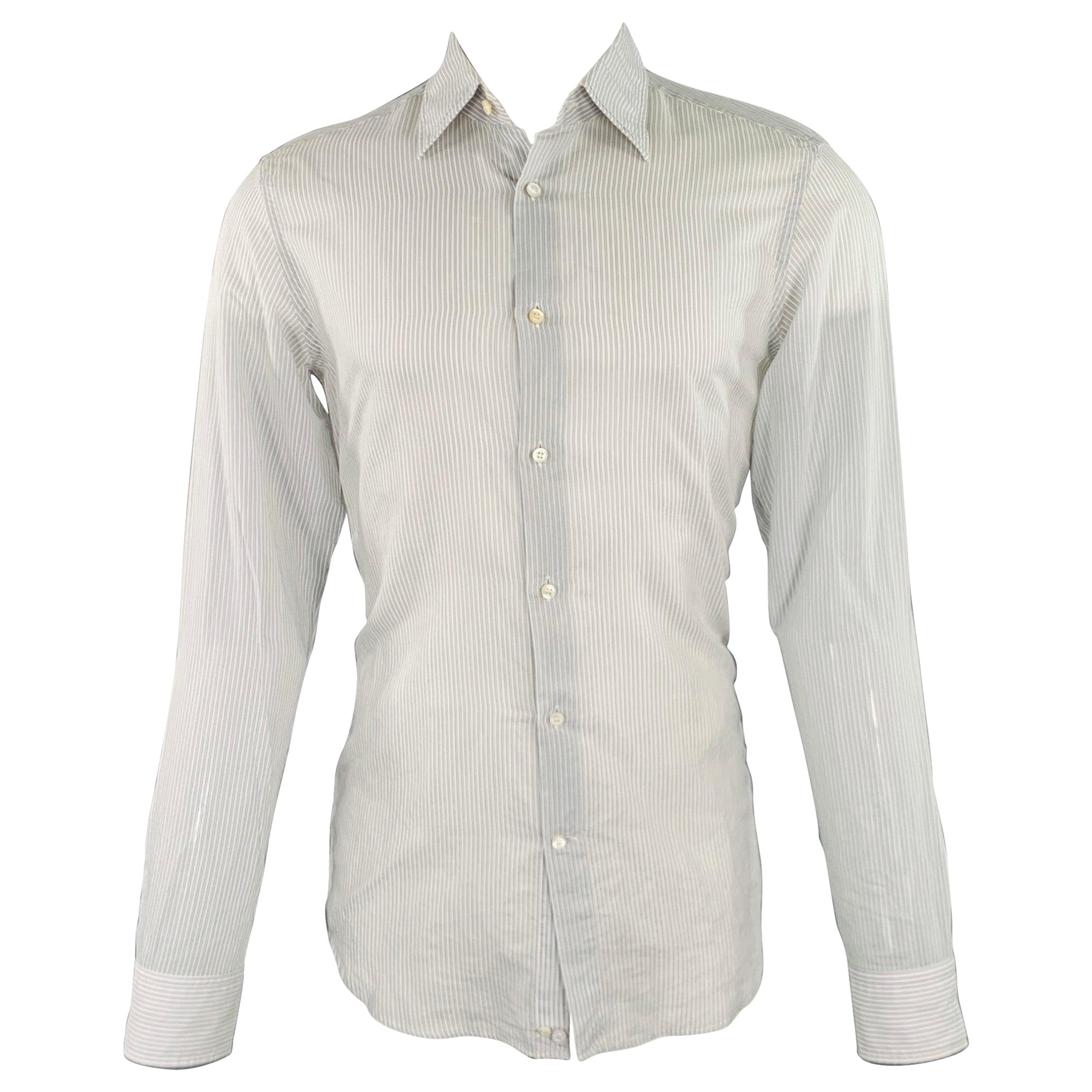 HUGO BOSS Size S White Light Blue Stripe Cotton Silk Long Sleeve Shirt For Sale