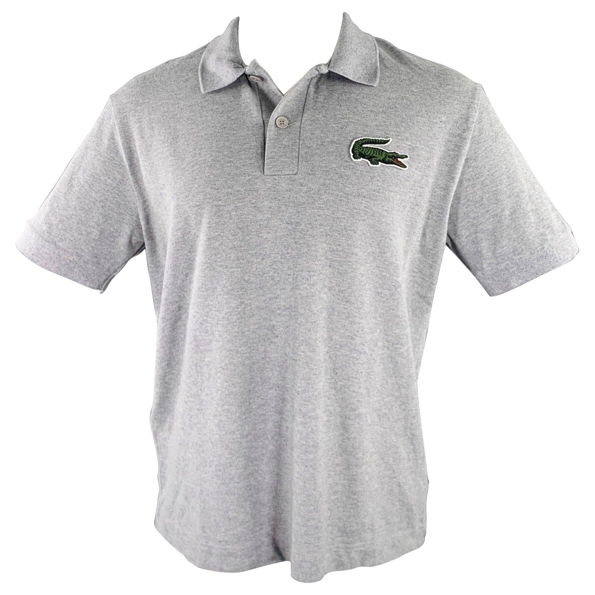 LACOSTE Size M Grey Cotton Loose Fit Large Patch Polo For Sale