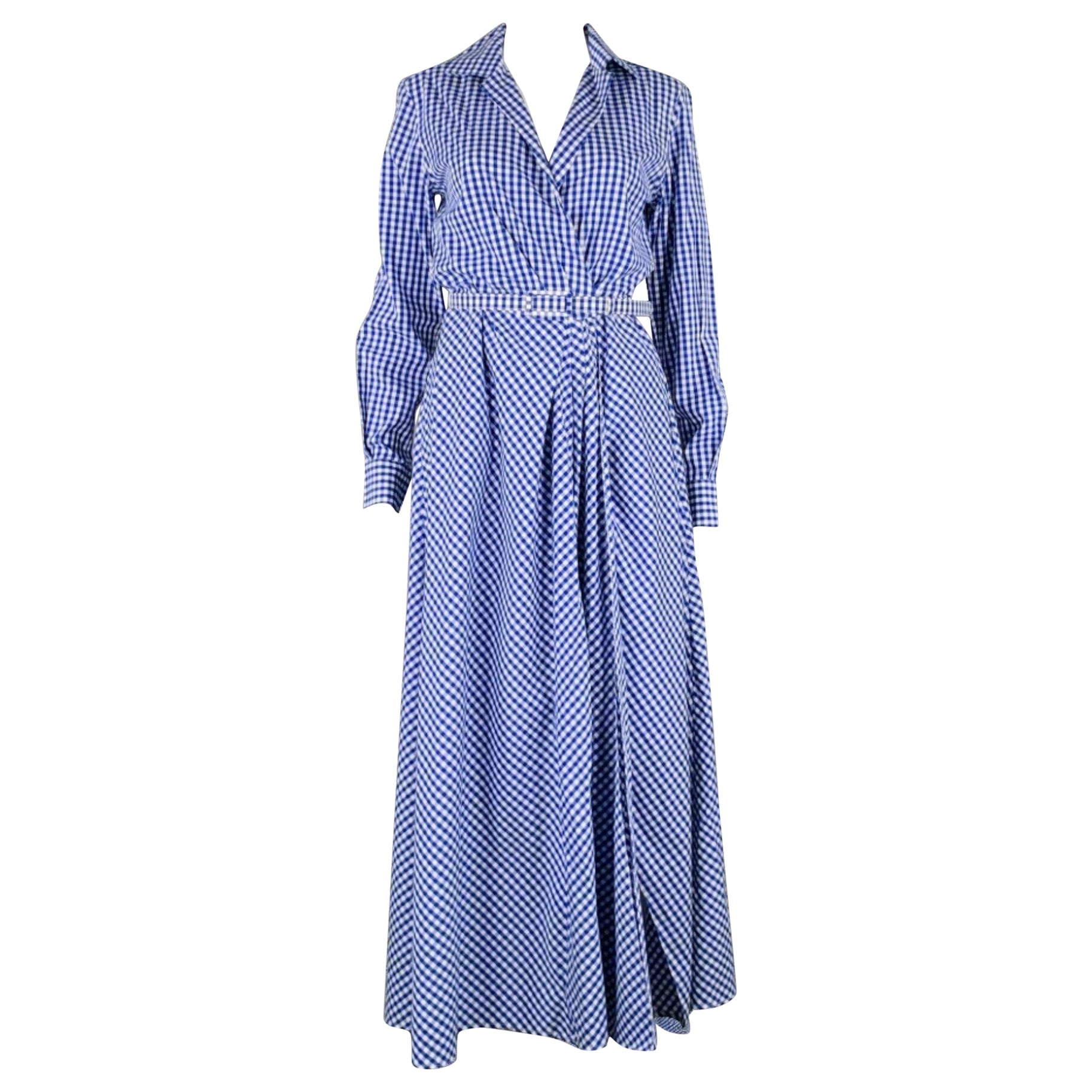 RALPH LAUREN Size 6 -Rivera- Blue White Cotton Gingham Long Sleeve Dress For Sale