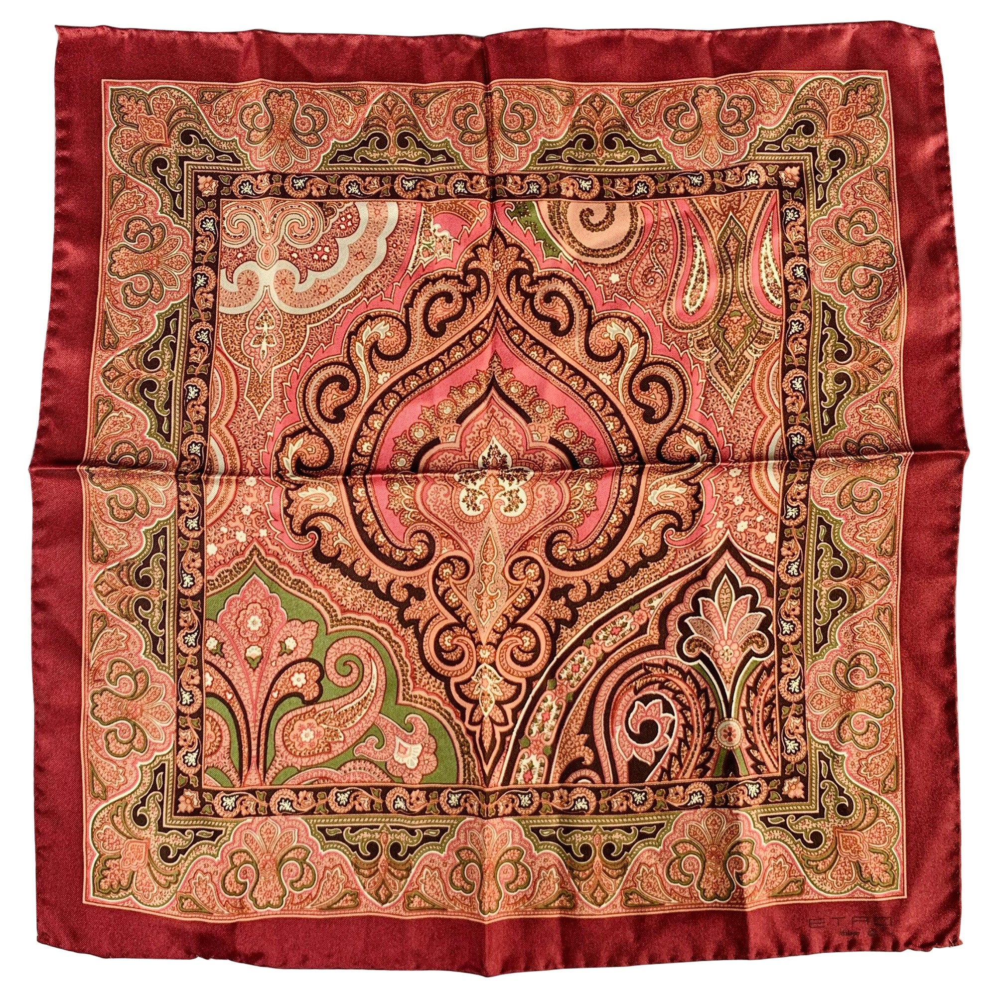 ETRO Burgundy Olive Paisley Silk Pocket Square