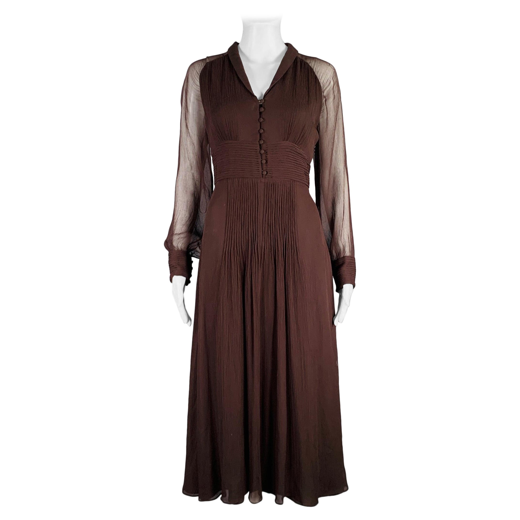 MASSIMO DUTTI Size S Brown Viscose See Through Long Sleeve Dress For Sale