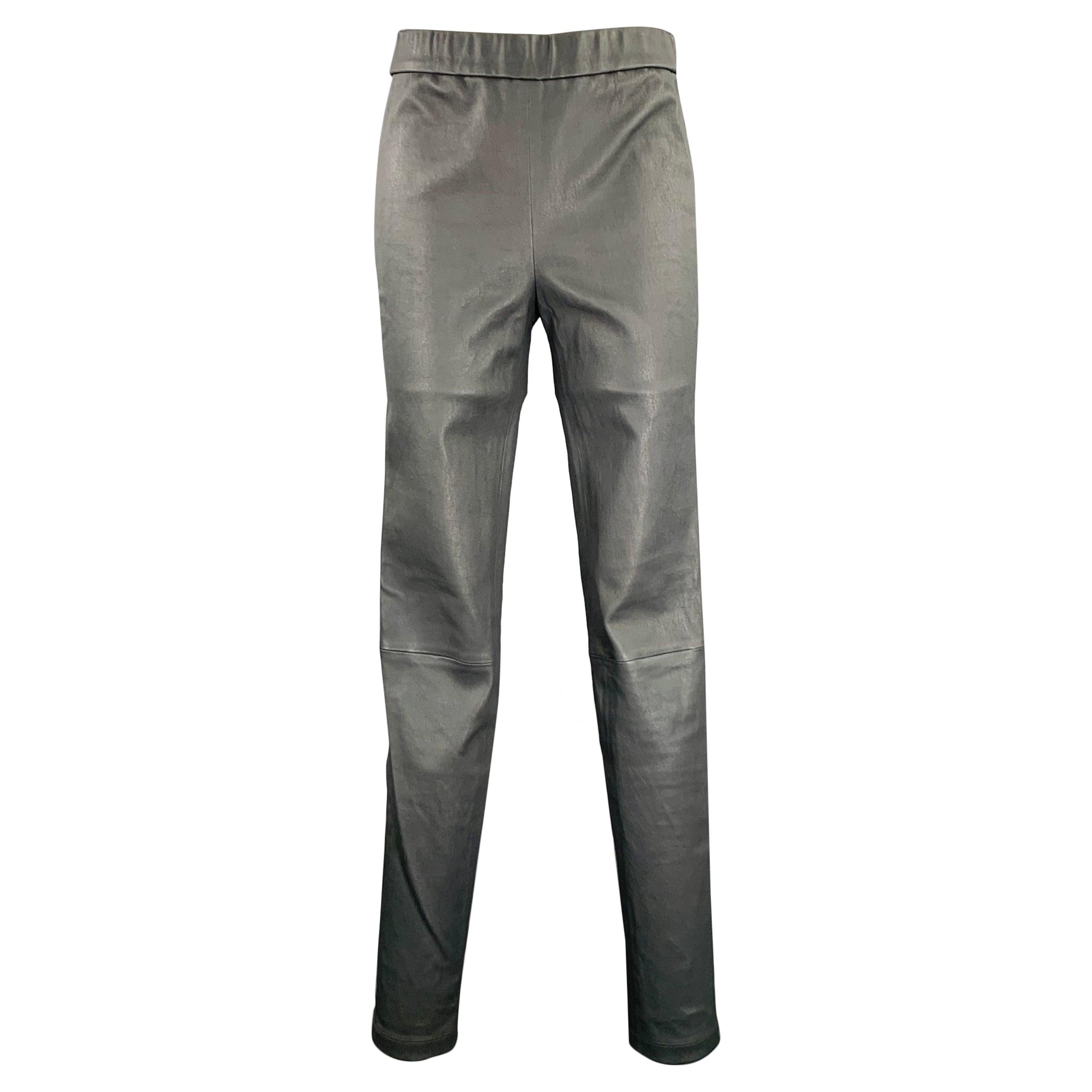 HELMUT LANG Size 6 Grey Leather Lambskin Elastic Waistband Leggings For Sale