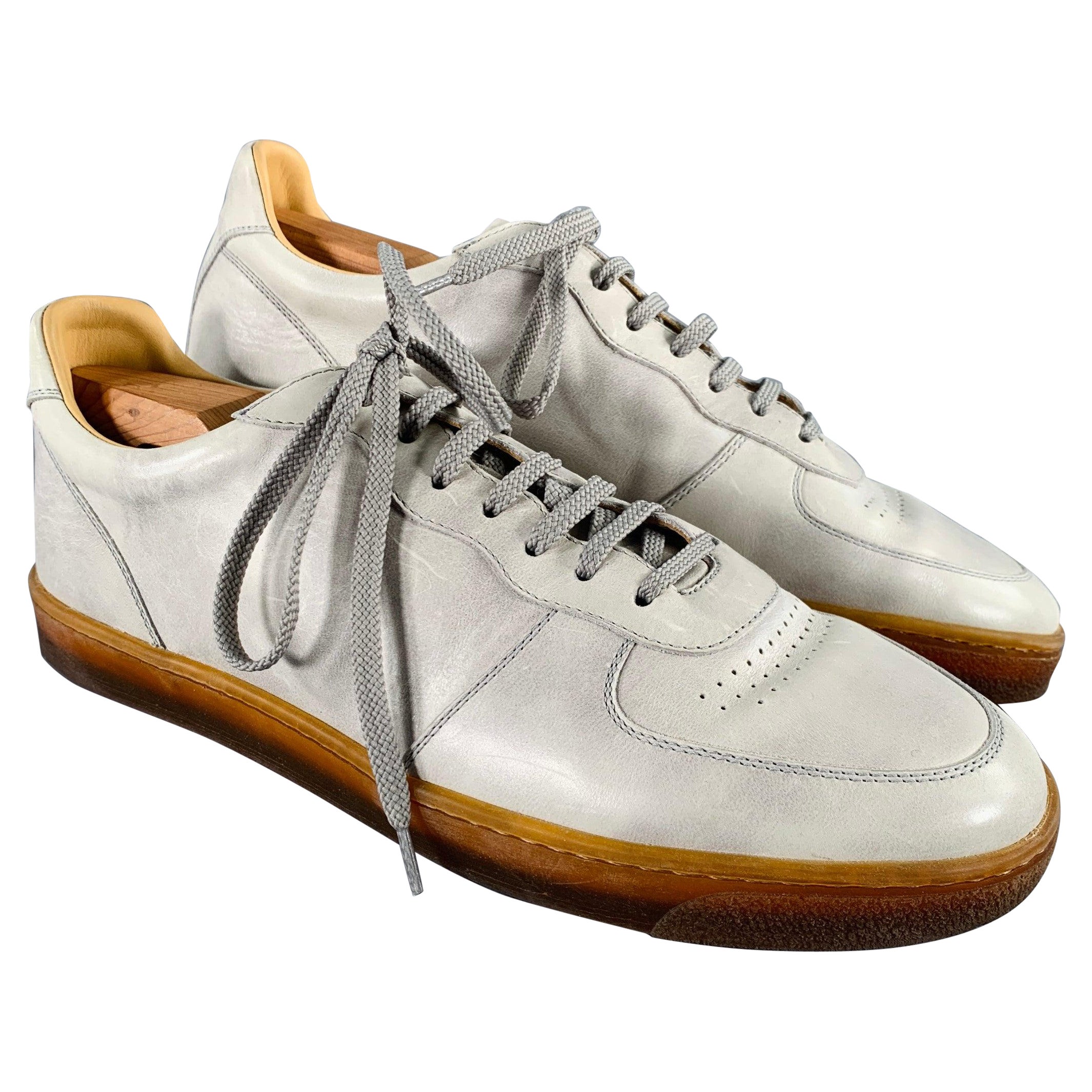 BRUNELLO CUCINELLI Size 10 Grey Tan Leather Lace-Up Sneakers