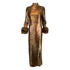 Oscar de la Renta Gold Silk Lame Evening Gown Button Back Sable Cuffs 1990s 4