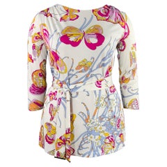 Emilio Pucci Taglia 12 Bianco Rosa Farfalle Maniche 3/4 Top Casual