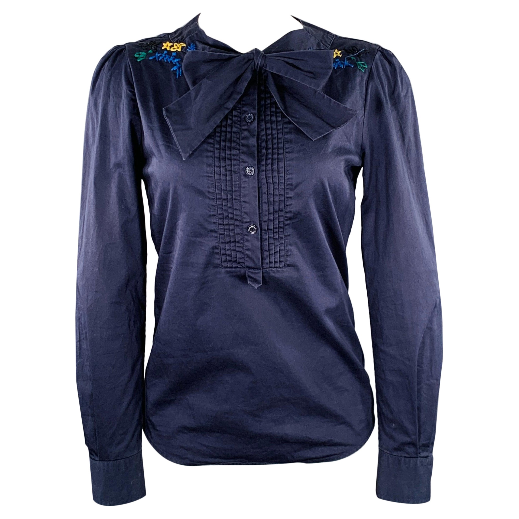 LOVE MOSCHINO Size 4 Navy Multi Color Cotton Blend Embroidered Casual Top For Sale