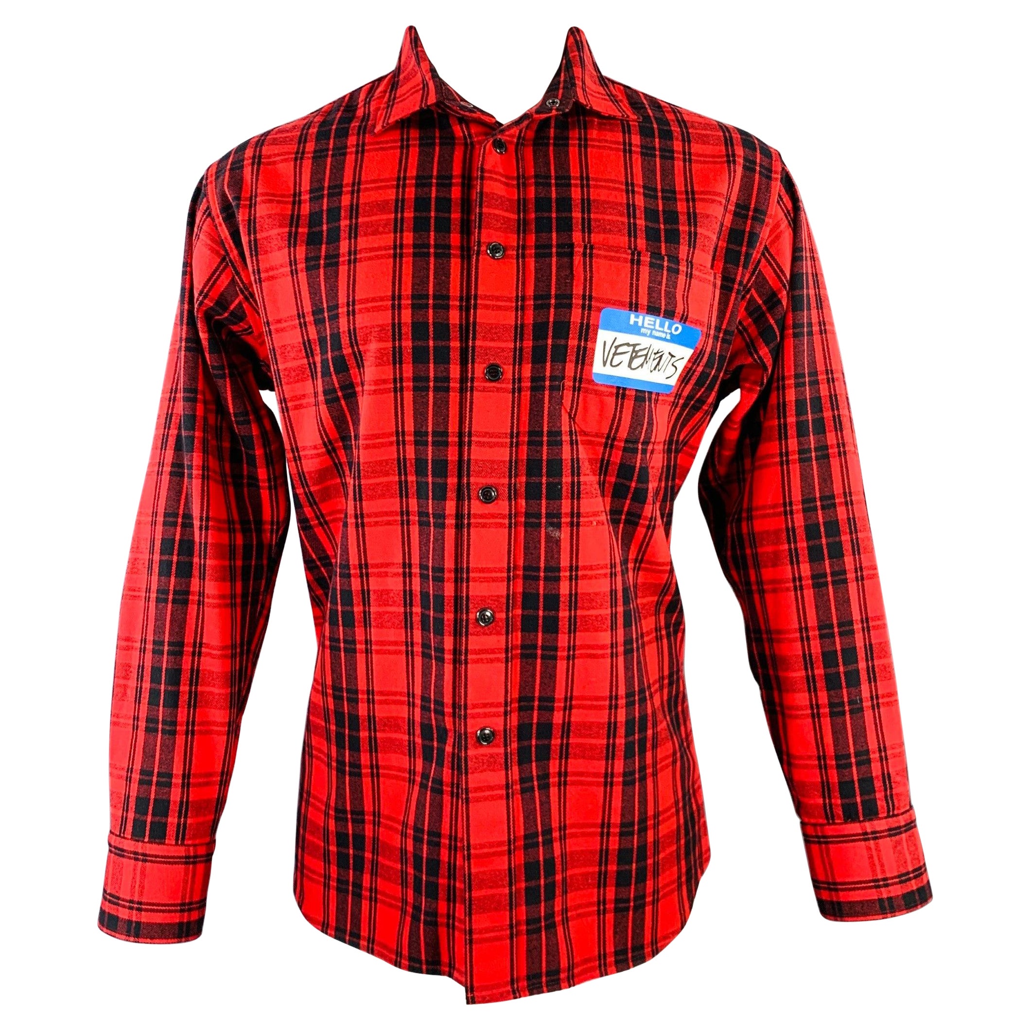 VETEMENTS Size XS -My Name Is- Red Black Plaid Cotton Blend Long Sleeve Shirt For Sale