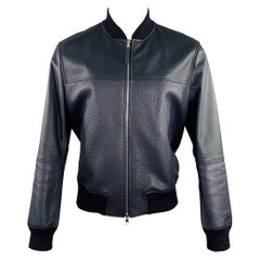 LOUIS VUITTON Size 40 Navy Textured Bull Leather Zip Up Blouson Jacket