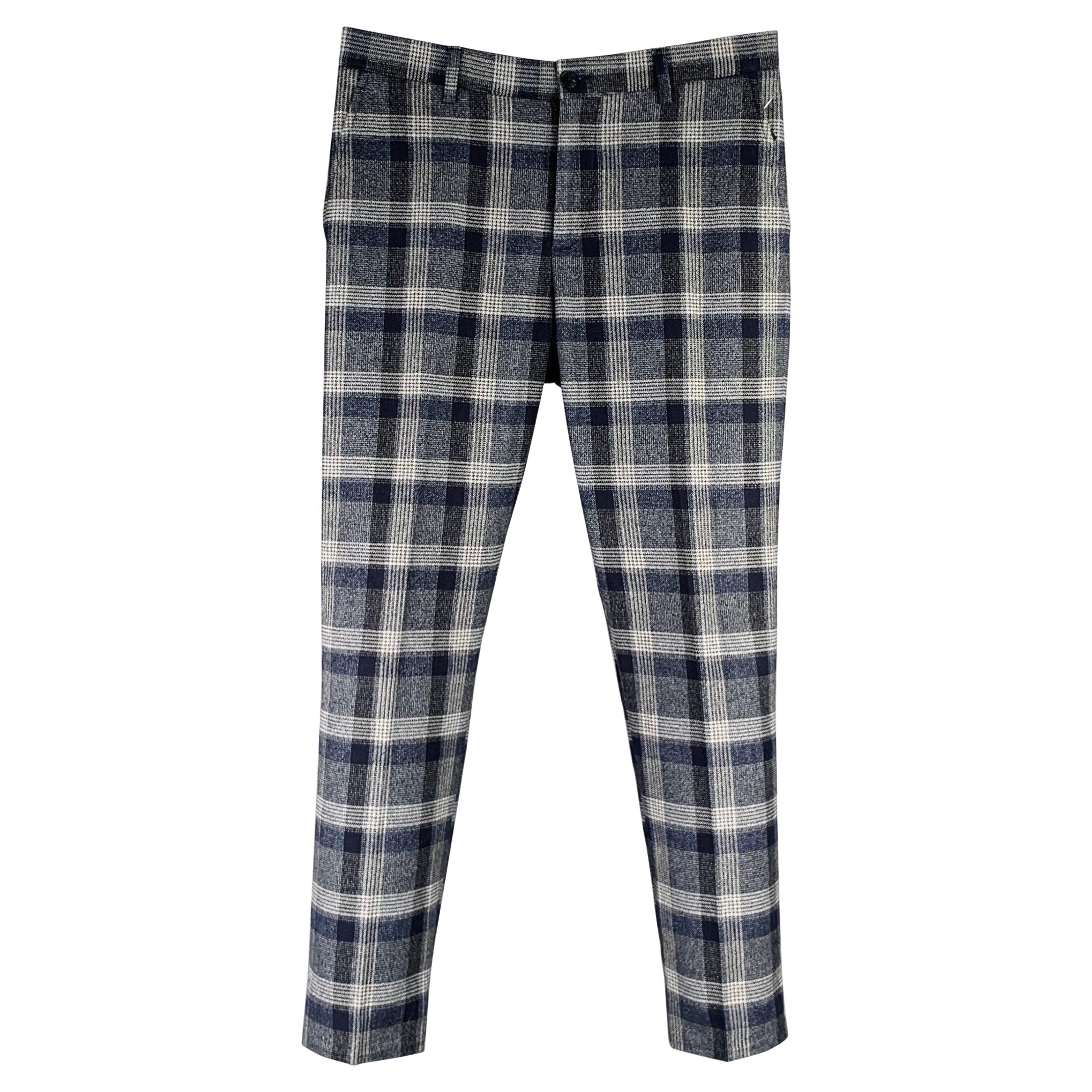 ETRO Taglia 30 Pantaloni a quadri in cotone con zip e mosca, colore grigio navy