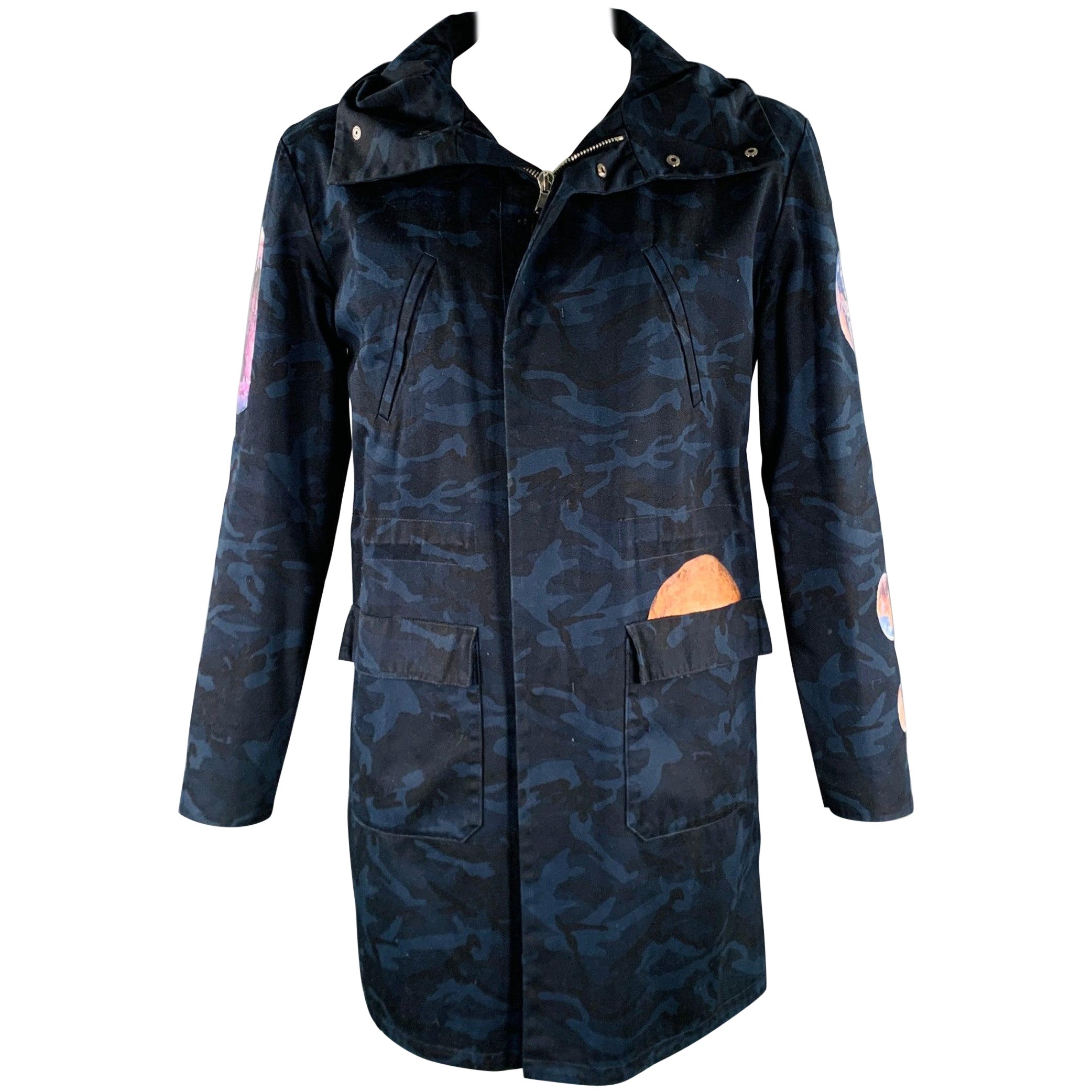 RAF SIMONS Size 42 Navy Black Camo Cotton Hooded Coat For Sale