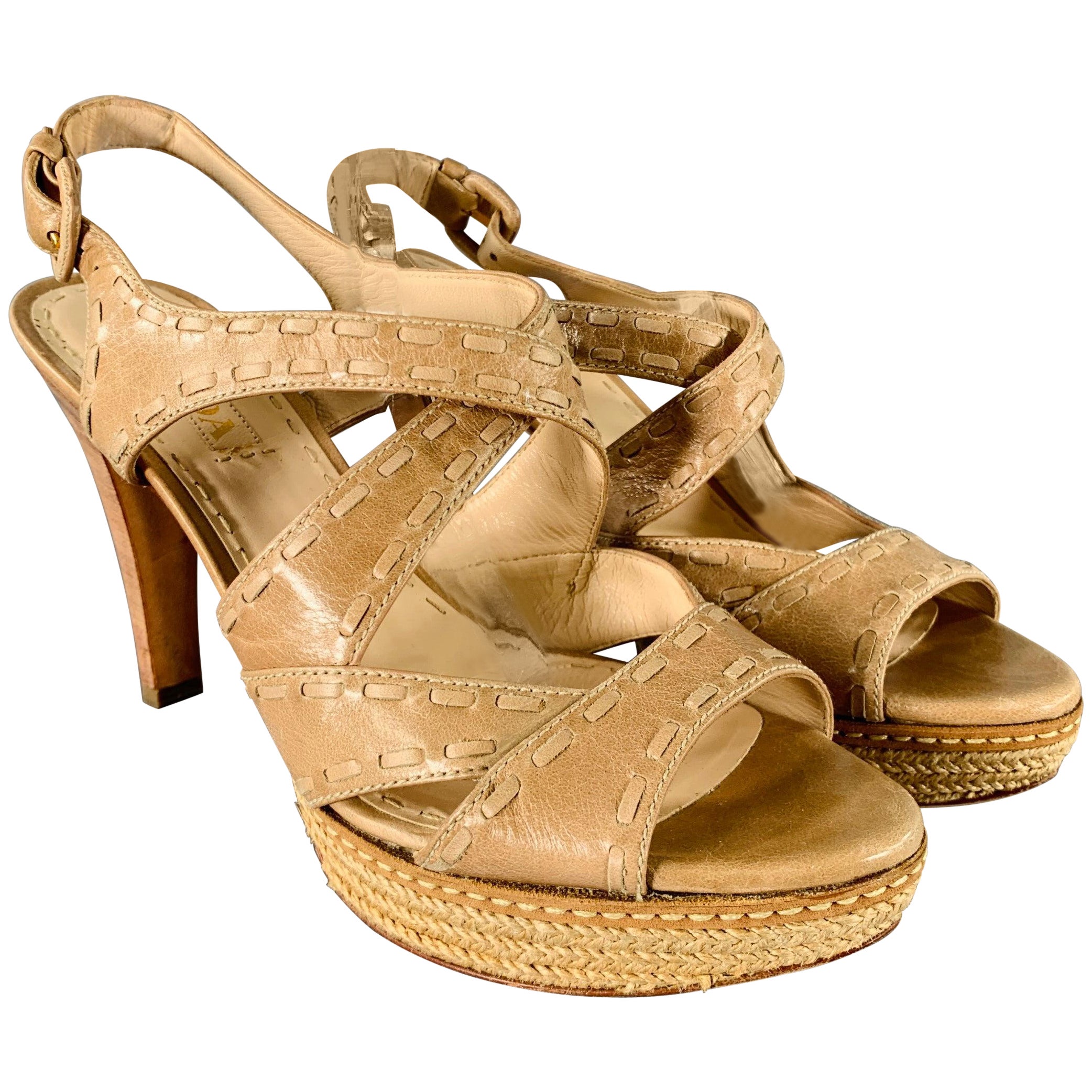 PRADA Size 11 Beige Taupe Leather Woven Espadrille Sandals