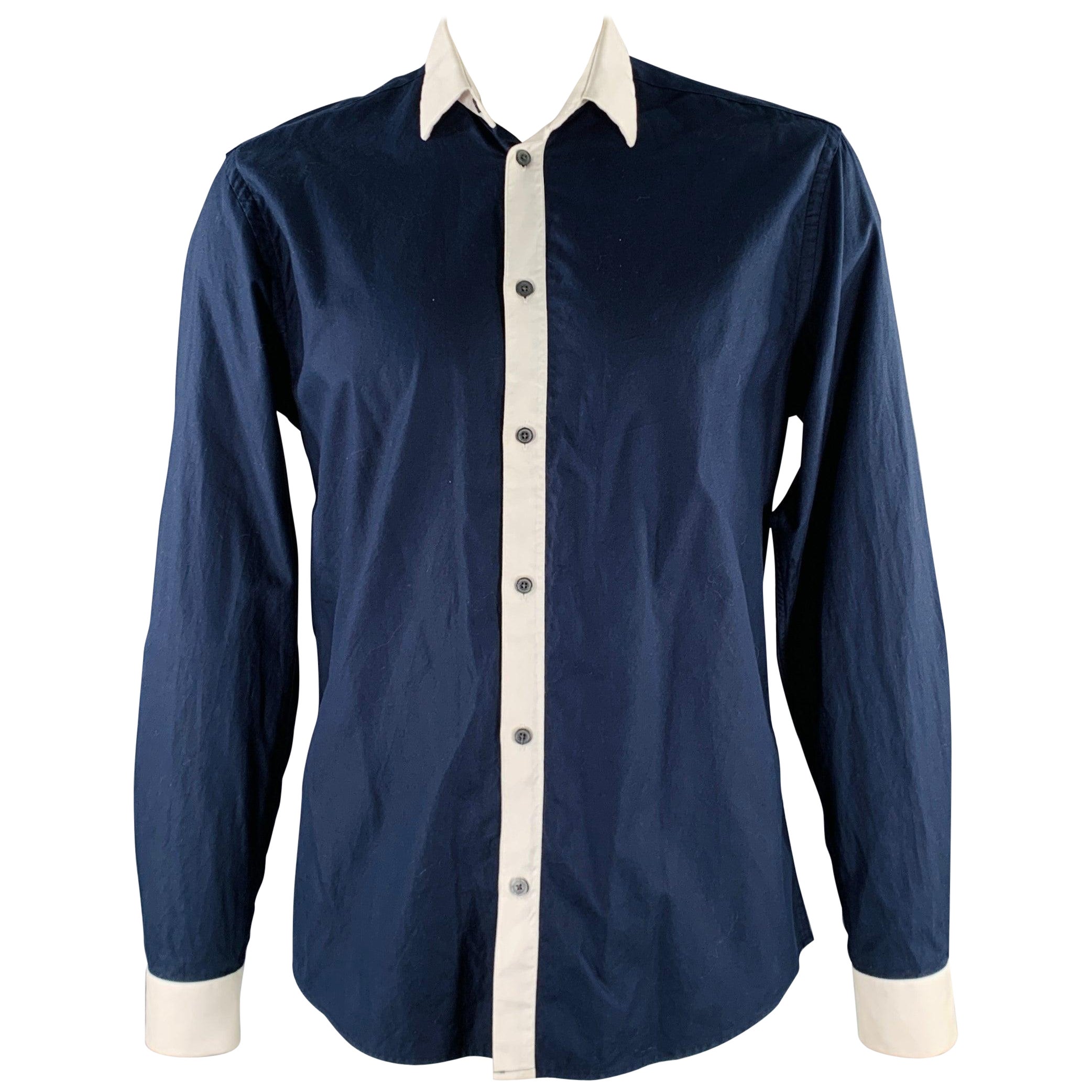 GIVENCHY Size 42 Navy White Contrast Trim Cotton Long Sleeve Shirt For Sale